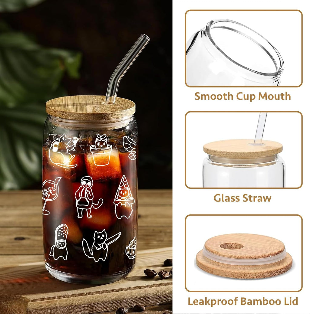 Mikopei Cat Gifts for Women, Cute Glass Cup with Lid and Straw 16 oz