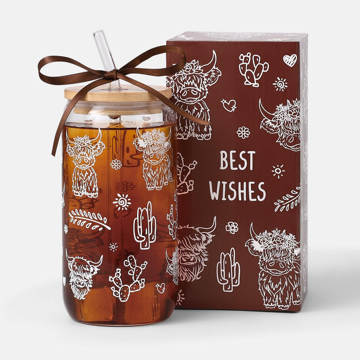 Highland Cow Gifts for Women, Glass Cups with Lid and Straw