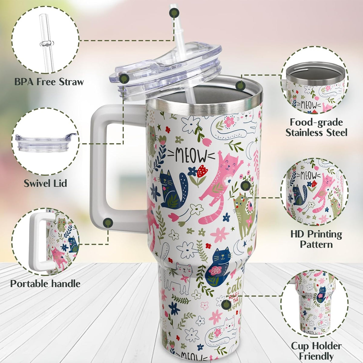 40 oz Cat Tumbler with Handle and Straw, Cute Cartoon Stainless Steel Vacuum Insulated Travel Coffee Mug Cup Water Bottle, Cats Stuff Accessories Decor, Cat Lover Gifts for Women Girls