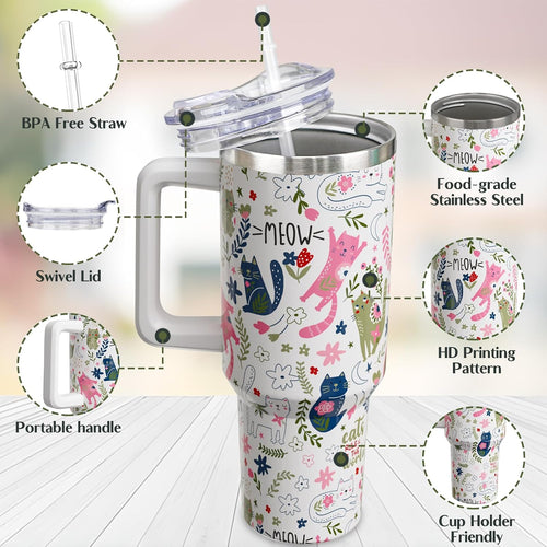 40 oz Cat Tumbler with Handle and Straw, Cute Cartoon Stainless Steel Vacuum Insulated Travel Coffee Mug Cup Water Bottle, Cats Stuff Accessories Decor, Cat Lover Gifts for Women Girls