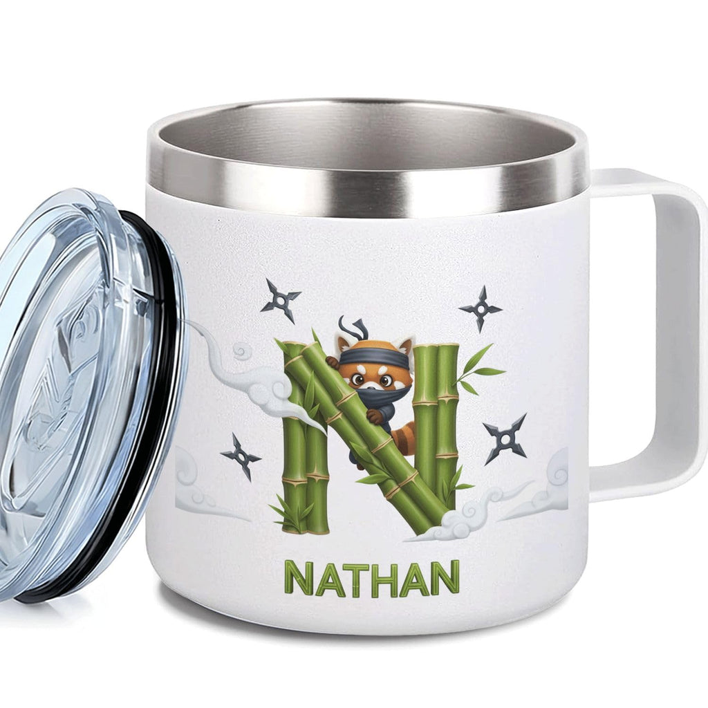 Leo Personalized Kids Mug with Lid, 10 oz Stainless Steel Insulated Camp Cup, Cartoon Lion Tropical Tiki Theme