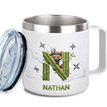 Leo Personalized Kids Mug with Lid, 10 oz Stainless Steel Insulated Camp Cup, Cartoon Lion Tropical Tiki Theme
