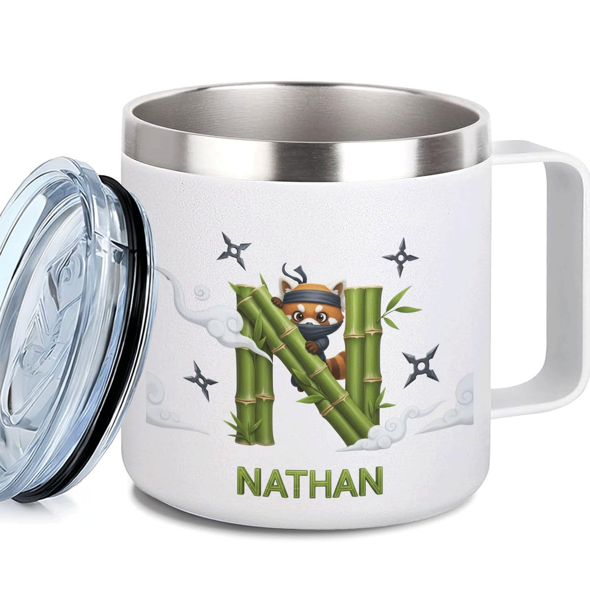 Leo Personalized Kids Mug with Lid, 10 oz Stainless Steel Insulated Camp Cup, Cartoon Lion Tropical Tiki Theme