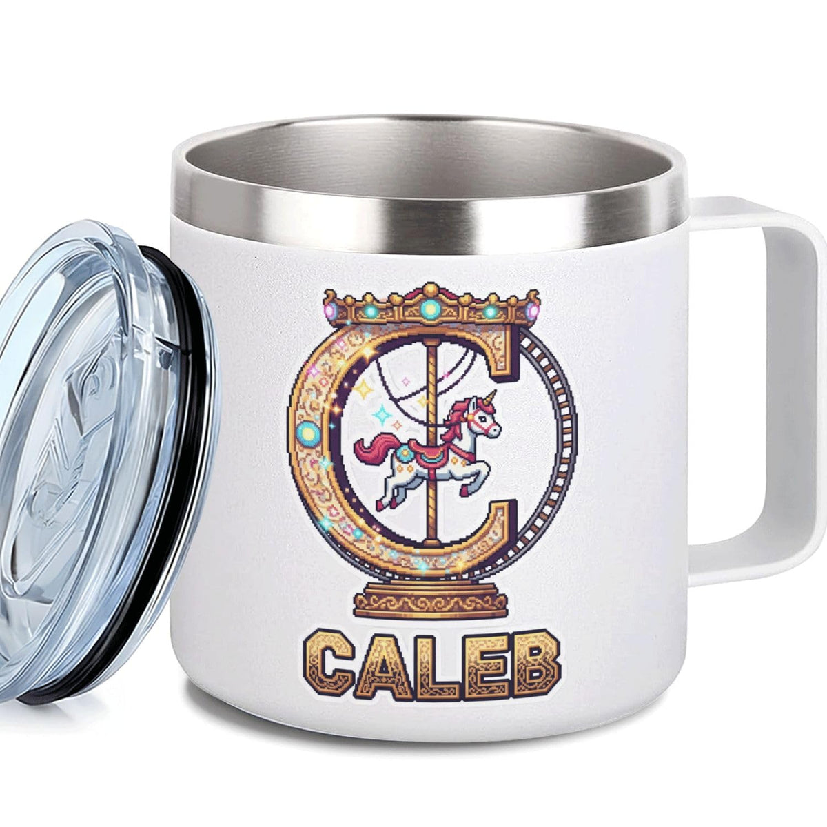 Leo Personalized Kids Mug with Lid, 10 oz Stainless Steel Insulated Camp Cup, Cartoon Lion Tropical Tiki Theme
