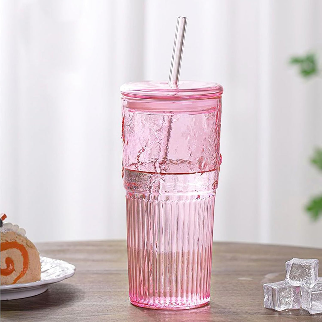 JunVpic Glass Coffee Tumbler, 20 oz Glass Cup with Lid and Straw