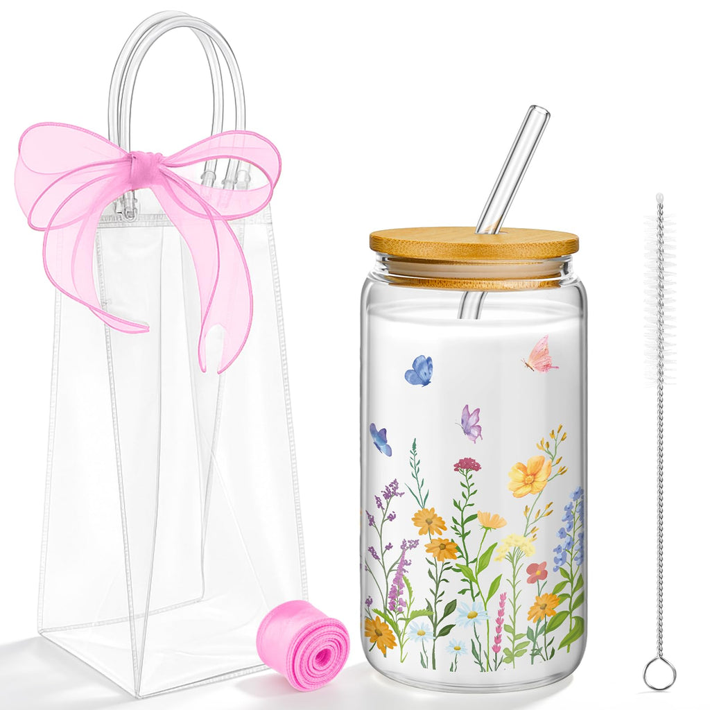 Mumufy 6 Sets Wildflower Cute Glass Cups with Lids and Straws Bulk, 16 Oz