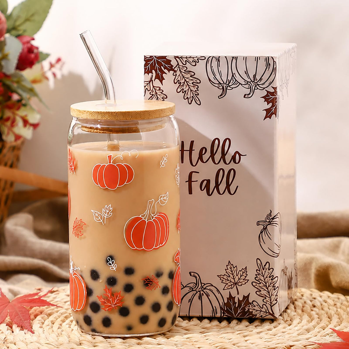 Floral Gifts for Women, Flower Glass Cup with Lid and Straw
