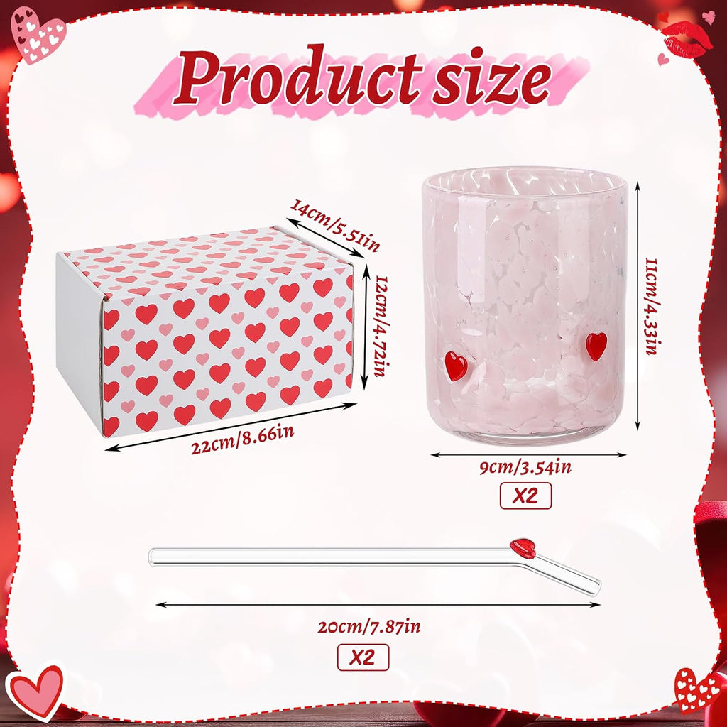 2Pcs 14oz Pink Heart Icon Juice Glass with Straws Gift Box