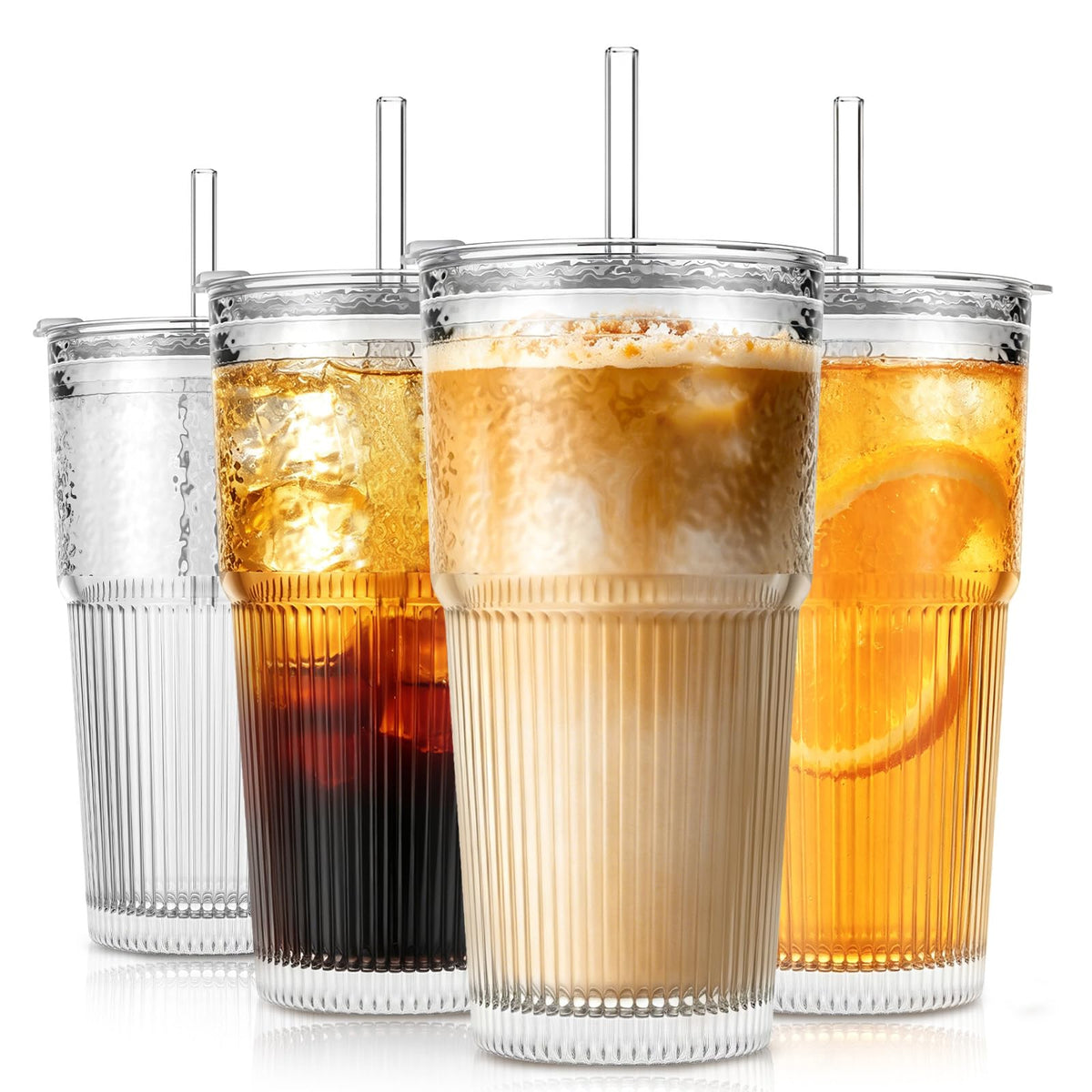 SoulTimes 20oz Ribbed & Floral Glass Tumbler with Lid and Straw – Iced Coffee Glasses Cups for Smoothie, Matcha, Juice, Water etc. Leakproof and Reusable Glassware Drinking for Travel To Go [2Pcs]