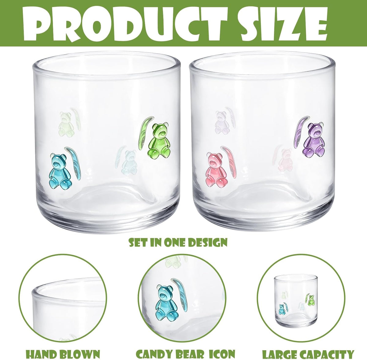 Whaline 2Pcs Candy Bear Icon Juice Glass with Straw 14 Oz Wine Glass Colorful Cute Bear Stemless Cocktail Drinking Cups for Birthday Baby Shower Party Favors Supplies