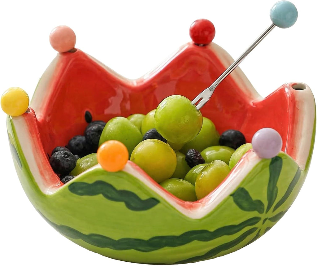 Watermelon-Shaped Ceramic Fruit Bowl with 6 Stainless Steel Forks