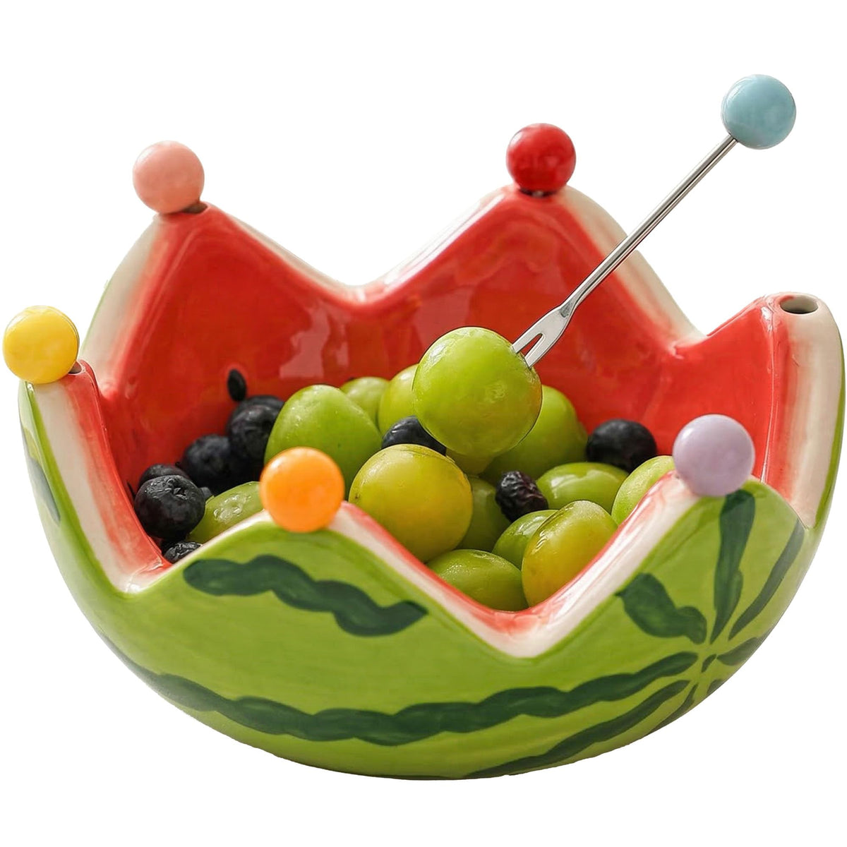 Watermelon-Shaped Ceramic Fruit Bowl with 6 Stainless Steel Forks