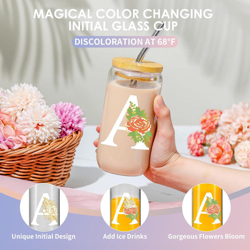 16 Oz Initial Glass Cup with Lid and Straw Personalized Color-Changing