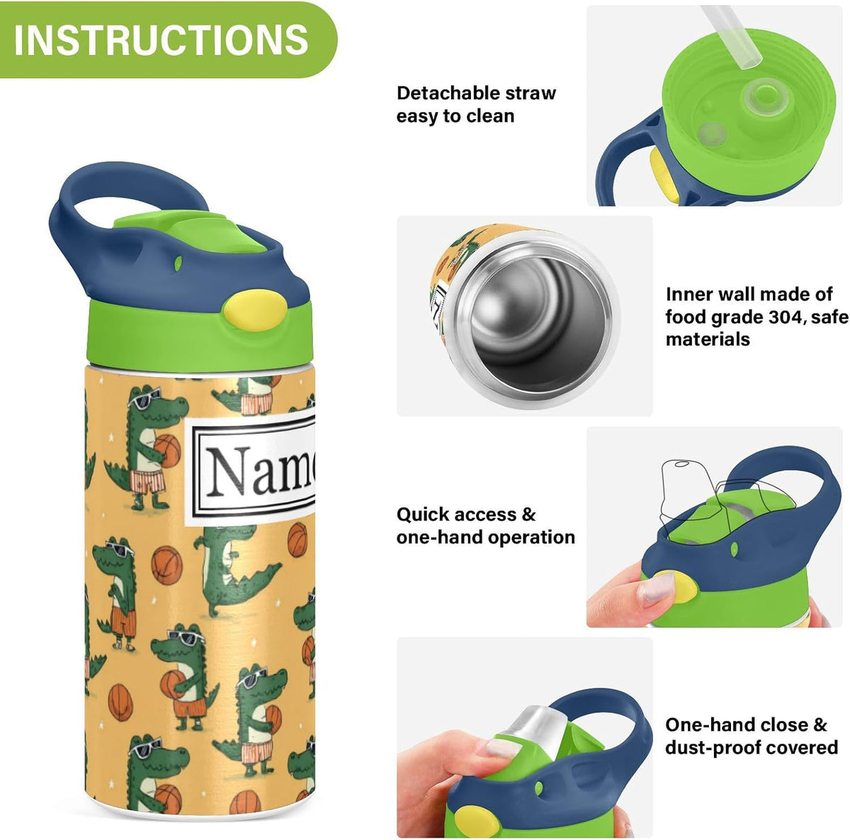 Personalized Name Water Bottles for Kids Cartoon Crocodiles Basketball Custom Toddlers Insulated Stainless Steel with Straw Lid Tumbler Gift for Boys Girls Birthday School