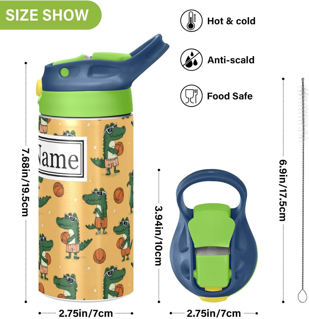 Personalized Name Water Bottles for Kids Cartoon Crocodiles Basketball Custom Toddlers Insulated Stainless Steel with Straw Lid Tumbler Gift for Boys Girls Birthday School