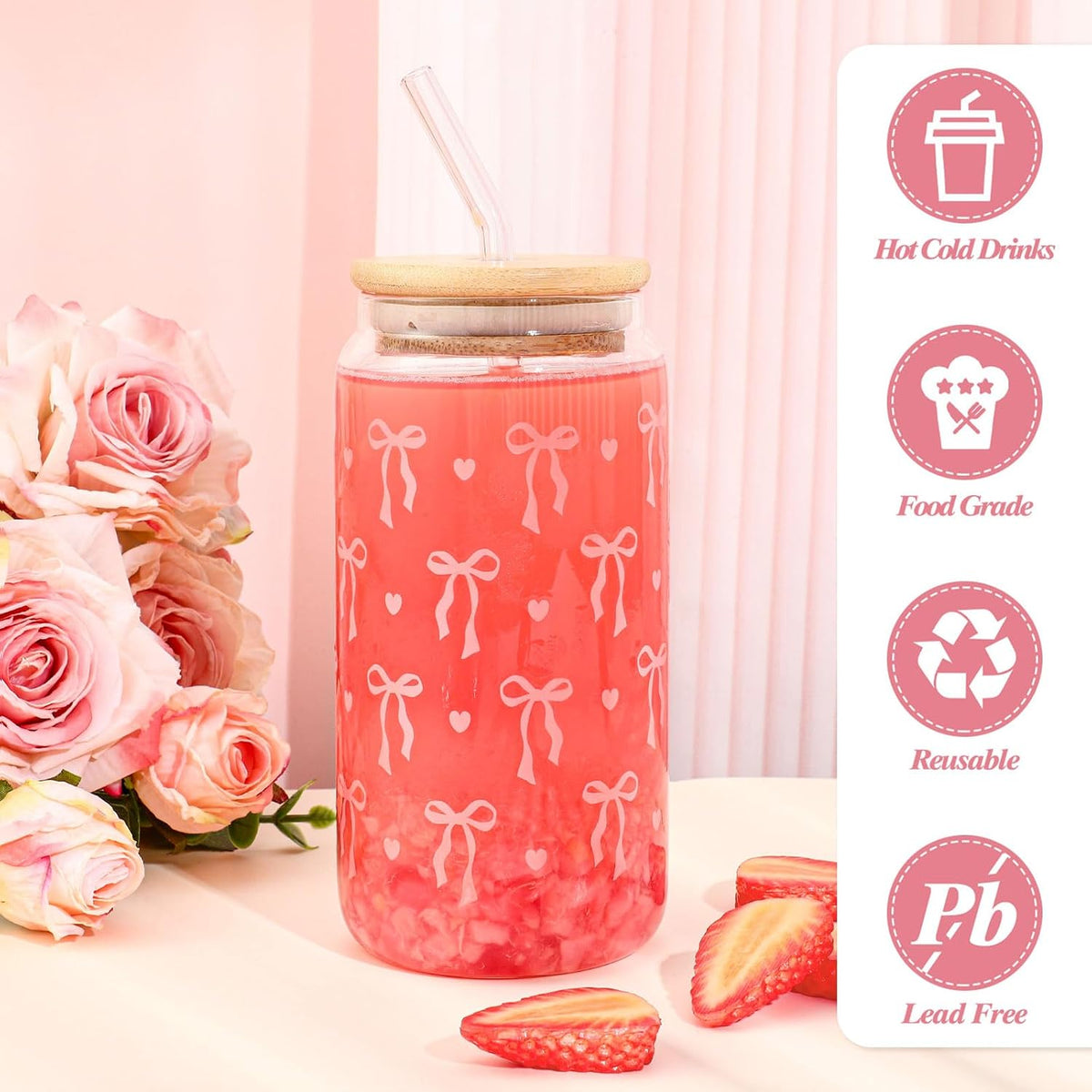2 Pcs Cute Pink Bow Glass Cups with Lid and Straws Preppy Stuff For Girls