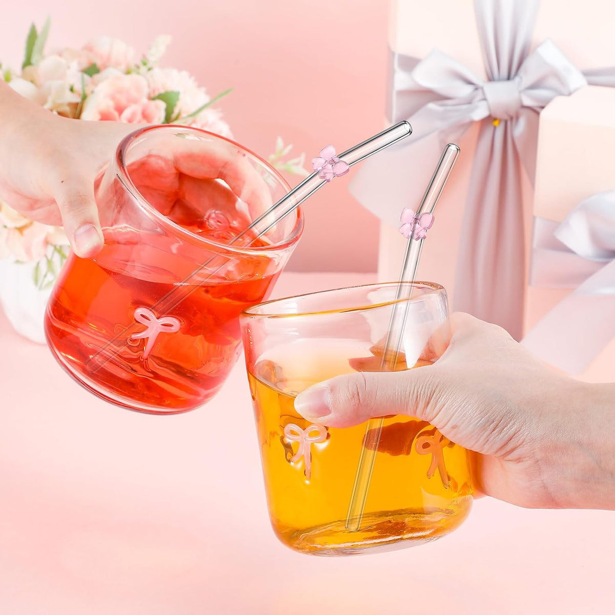 Skylety 2 Set Pink Bow Icon Juice Glasses, 14 oz Cocktail Cups with Straws