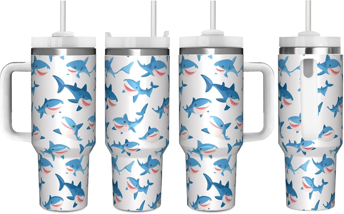 Cartoon Sharks 40 Oz (1200 ml) Ice Bully Cup with Handle Straw, Cute Sea Animals Stainless Steel Travel Insulated Tumbler, Personalized Coffee Mug for Birthday Festval Gifts