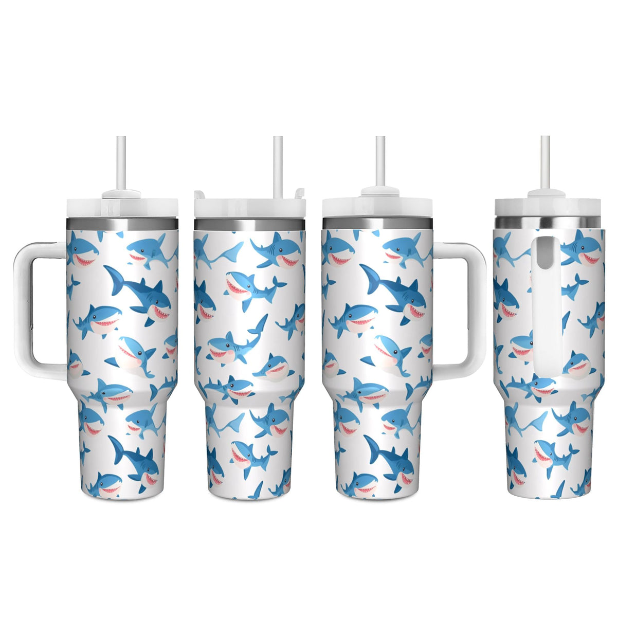 Cartoon Sharks 40 Oz (1200 ml) Ice Bully Cup with Handle Straw, Cute Sea Animals Stainless Steel Travel Insulated Tumbler, Personalized Coffee Mug for Birthday Festval Gifts