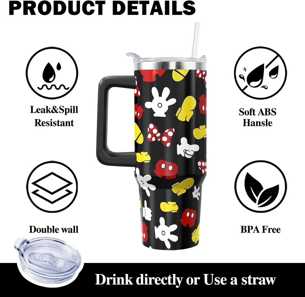 30oz Cartoon Mouse Tumbler | with Handle and Lid and Straw | Stainless Steel Insulated Tumbler | Black Travel Coffee Mug -Birthday,Christmas Gift