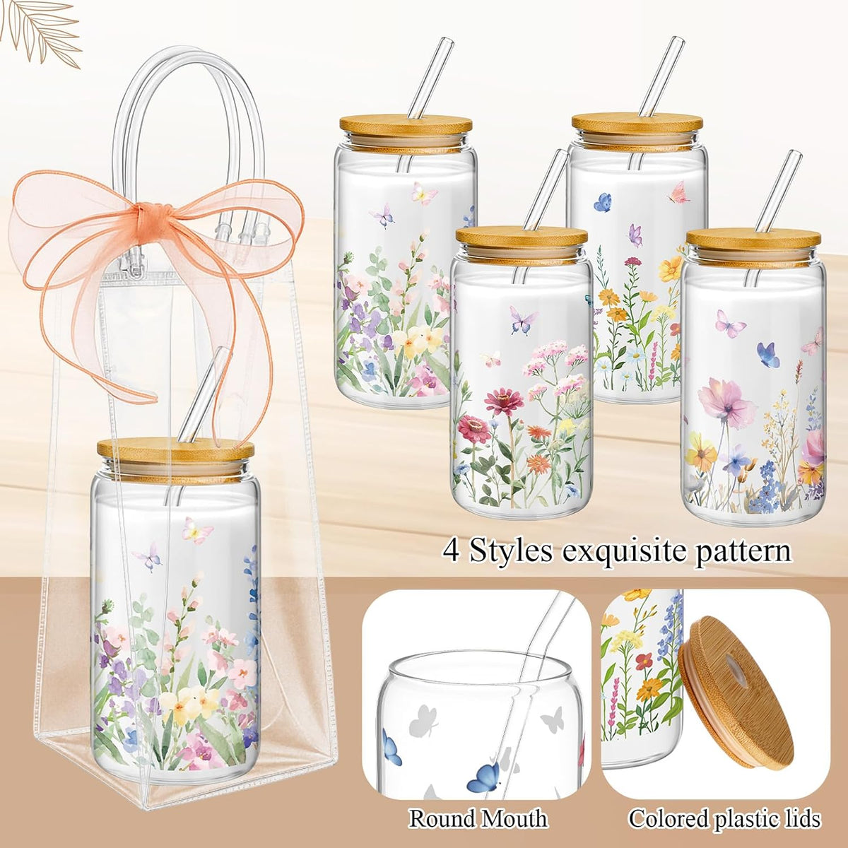 Mumufy 6 Sets Wildflower Cute Glass Cups with Lids and Straws Bulk, 16 Oz