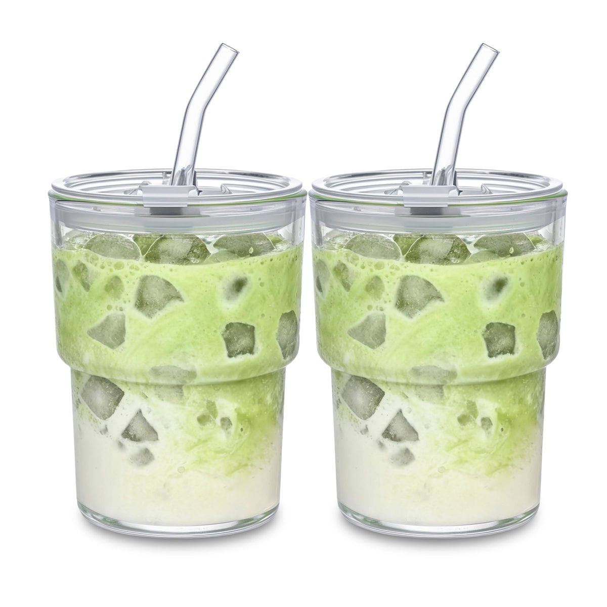 Iced Coffee Cups, 13oz Glass Tumbler with Lid and Straw, Leakproof To-Go Glass Cups Fits Car Cup Holder, Reusable Matcha Cup for Iced Coffee, Cold Brew and Tea