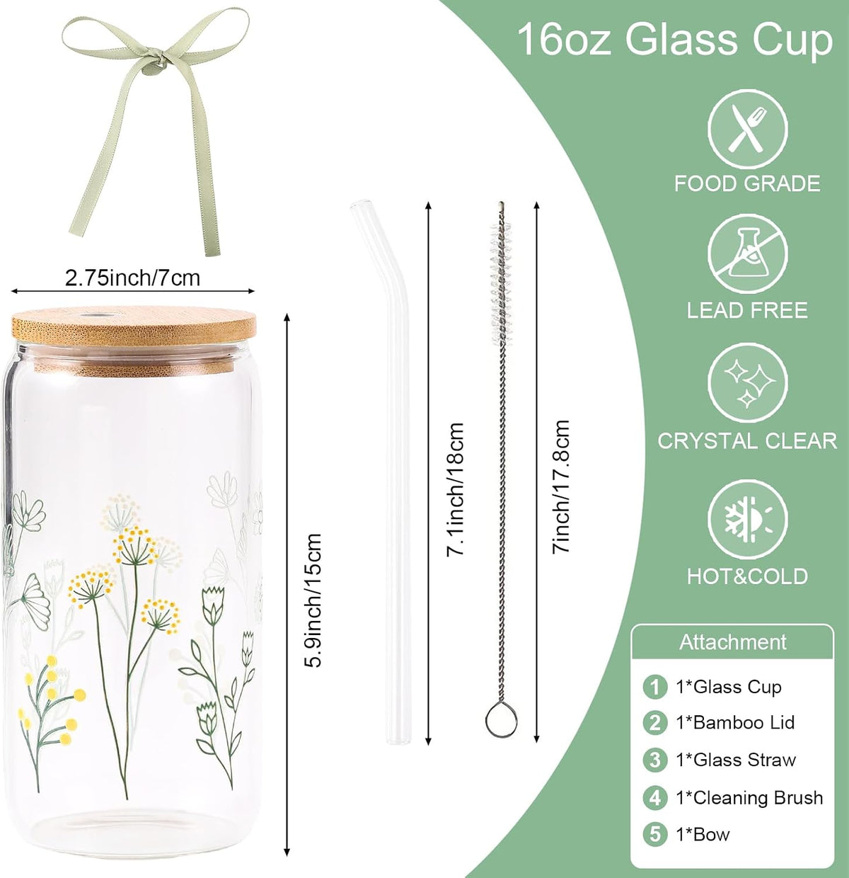 Floral Gifts for Women, Flower Glass Cup with Lid and Straw