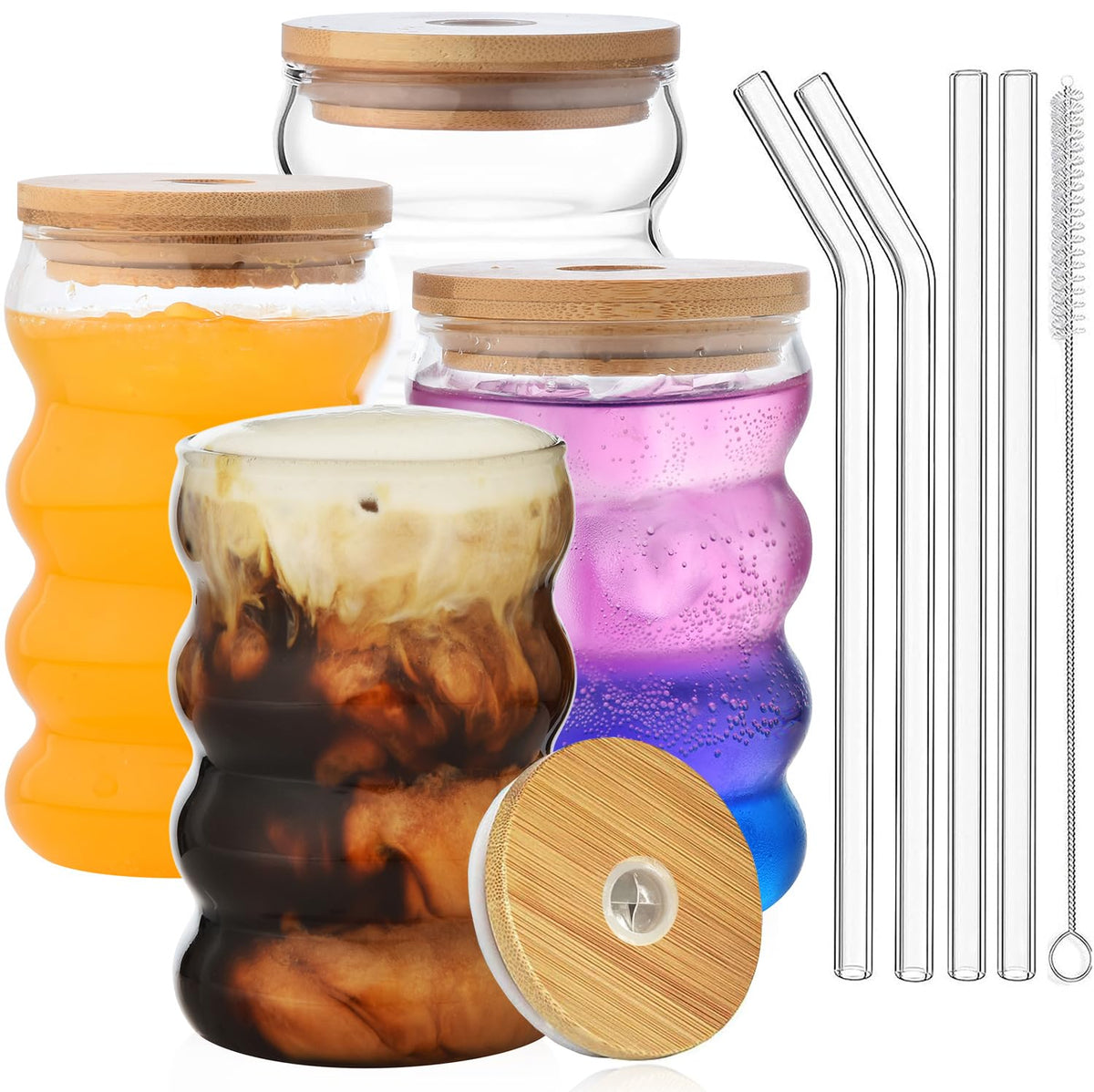 ALINK 16 oz Large Ribbed Glassware Drinking Glasses with Straws Set of 4, Crystal Vintage Glassware Iced Coffee Cups, Cocktail Glass Cups for Beer, Whiskey, Soda, Water, Tea, Milk,Juice