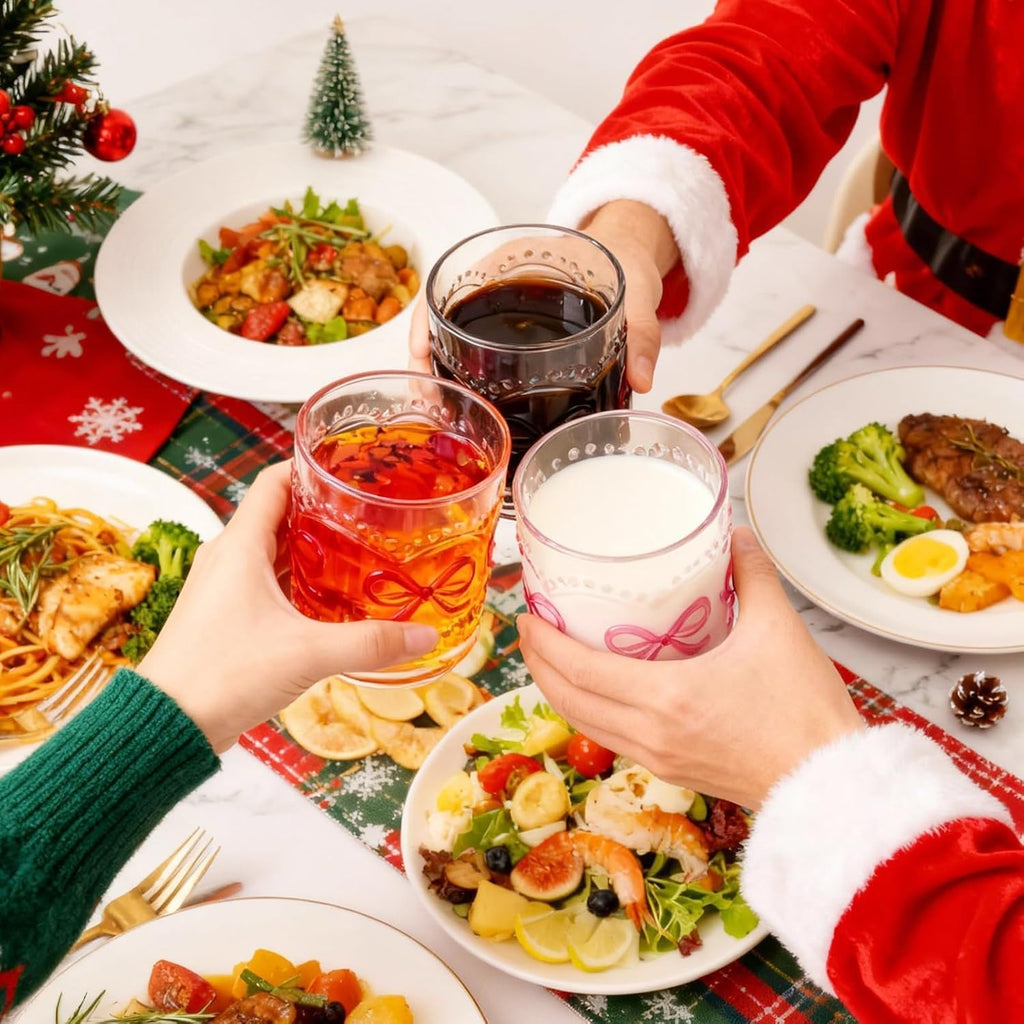 11OZ Ribbed Glass Coffee Cups Set of 6, Vintage French-Style Glasses with Delicate Pink Bow and Dot Relief, Elegant and Durable Glassware for Hot and Cold Beverages, Thick-Bottomed and Dishwasher Safe