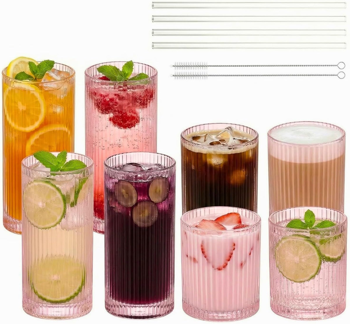 Ribbed Glass Cups with Straws, Pink Glass Drinking Cups, Drinking Glasses Set of 8, 13oz Highball & 10oz Water Glasses, Vintage Kitchen Glassware Set for Juice, Whiskey, Coffee, Cocktail