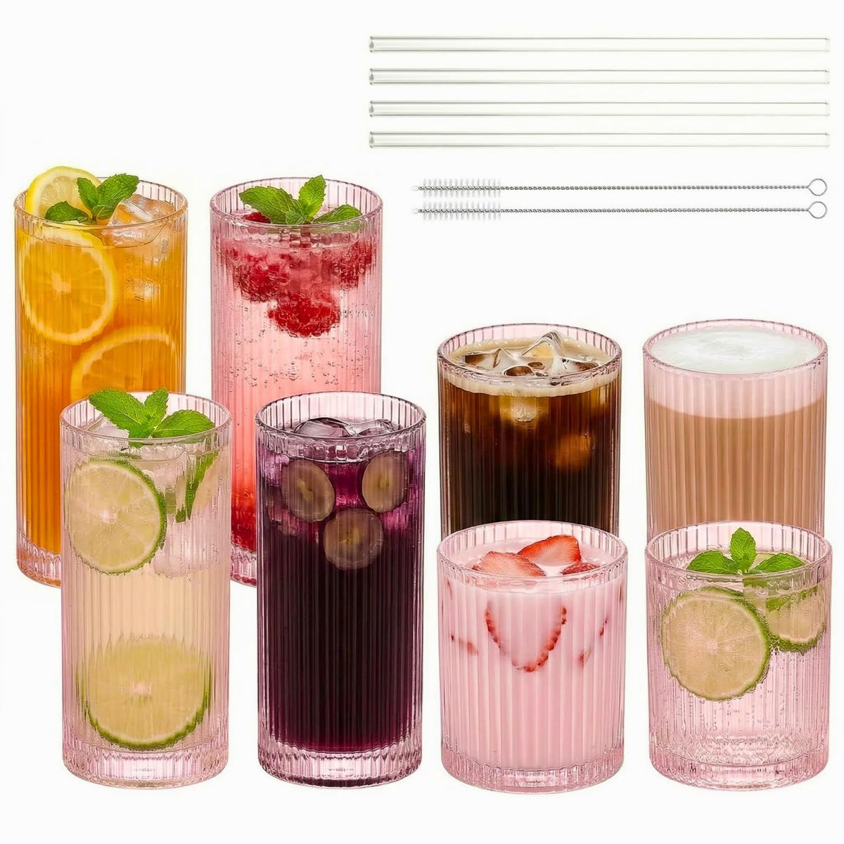 Ribbed Glass Cups with Straws, Pink Glass Drinking Cups, Drinking Glasses Set of 8, 13oz Highball & 10oz Water Glasses, Vintage Kitchen Glassware Set for Juice, Whiskey, Coffee, Cocktail