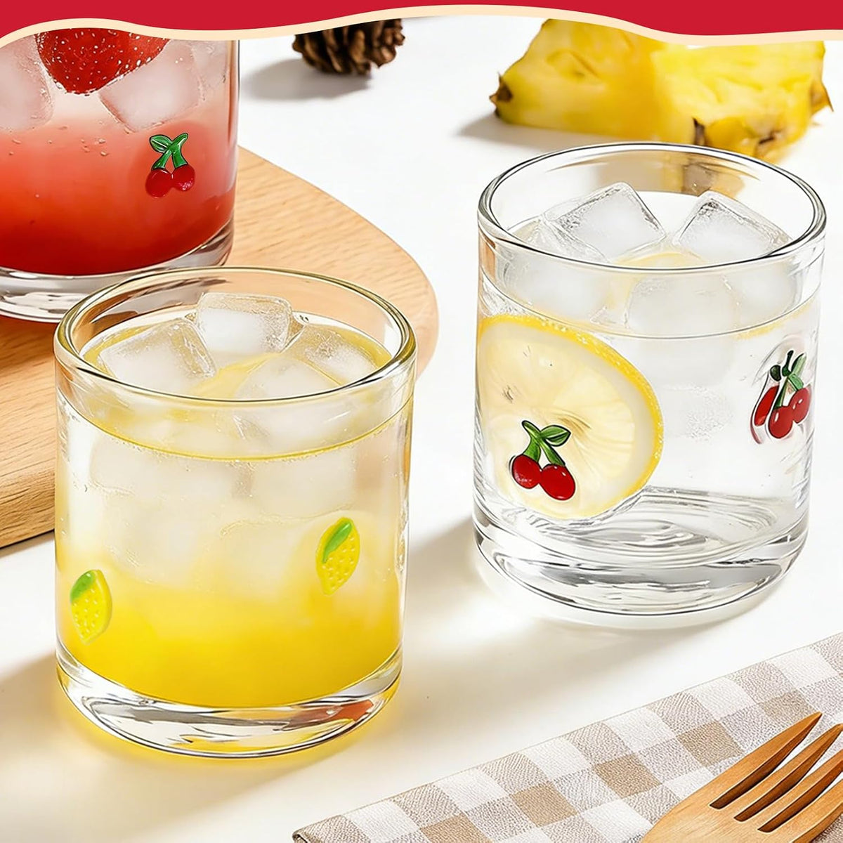 2 Pcs Cherry & Lemons Icon Juice Glass, 14oz Reusable Stemless Wine Cups