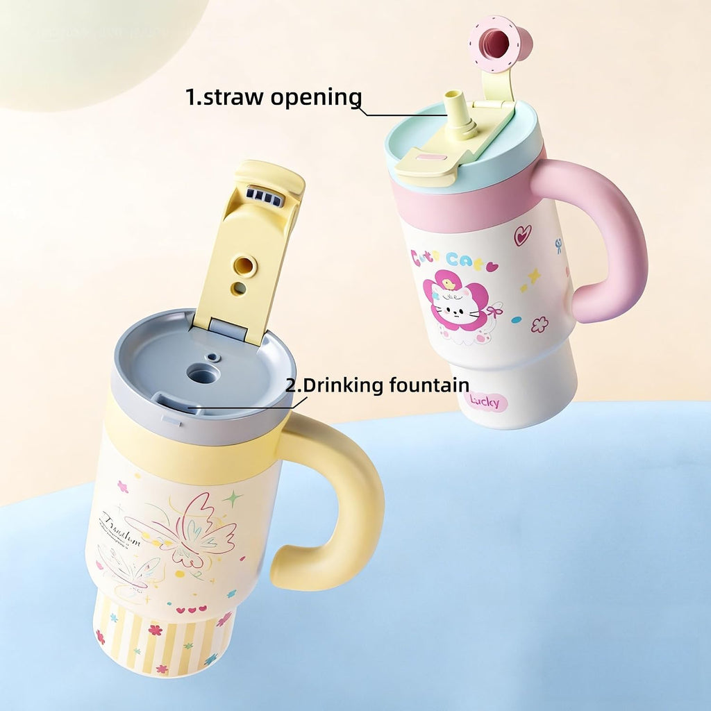 Cartoon Insulated Tumbler with Handle, 850ML Large Capacity, Leak-Proof