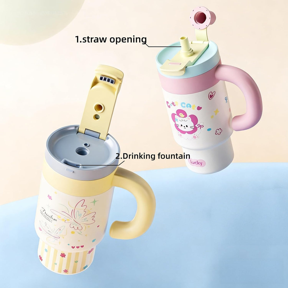 Cartoon Insulated Tumbler with Handle, 850ML Large Capacity, Leak-Proof