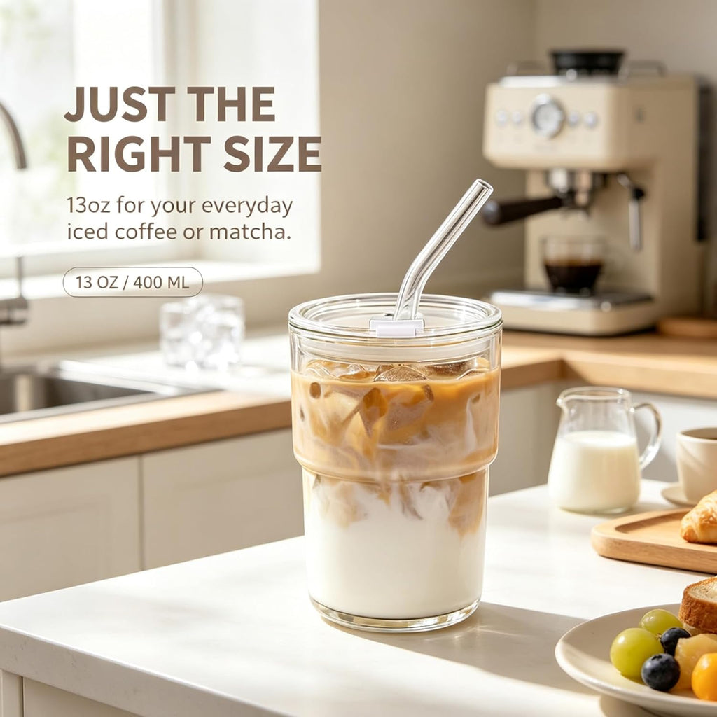 Iced Coffee Cups, 13oz Glass Tumbler with Lid and Straw, Leakproof To-Go Glass Cups Fits Car Cup Holder, Reusable Matcha Cup for Iced Coffee, Cold Brew and Tea