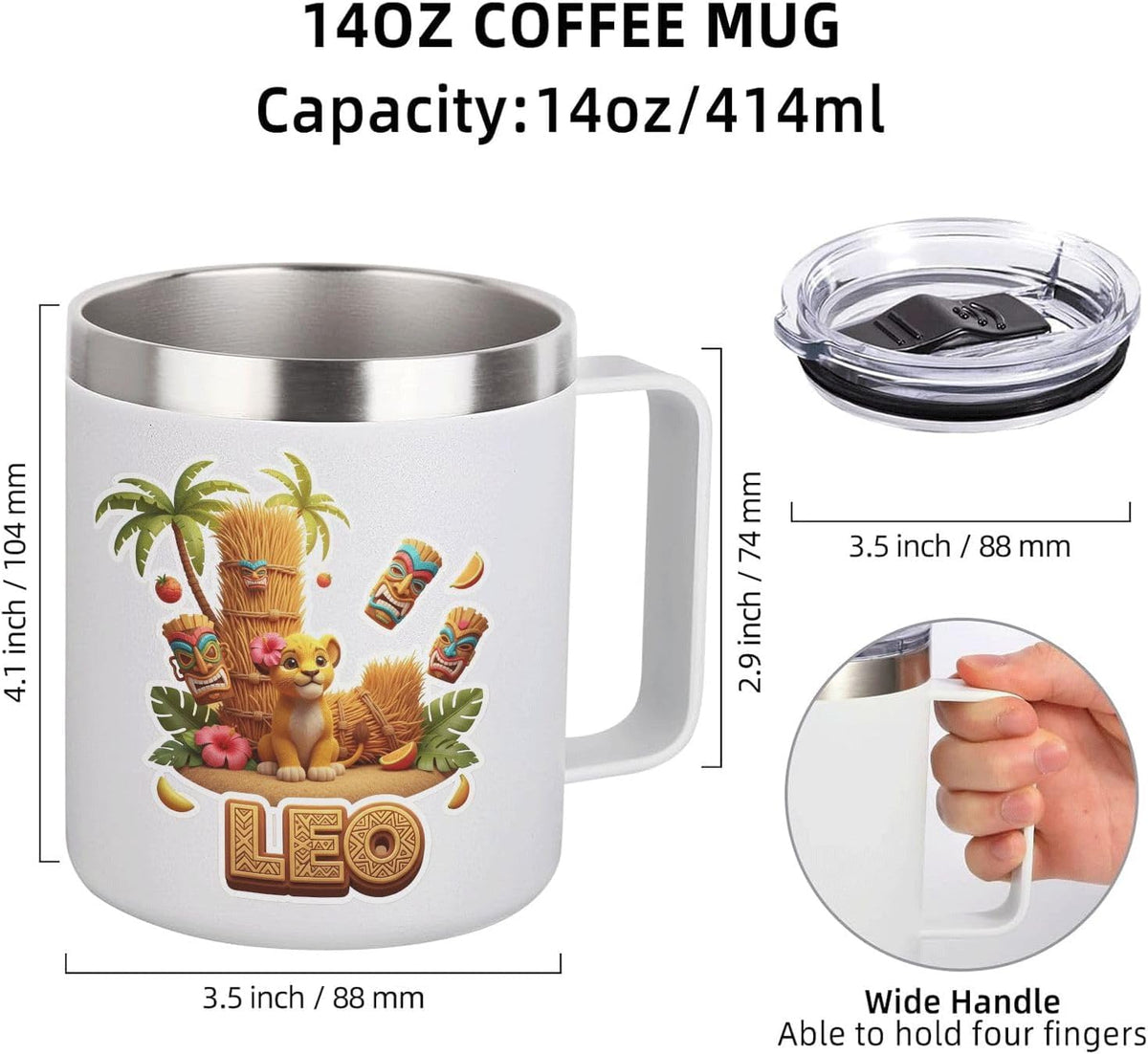 Leo Personalized Kids Mug with Lid, 10 oz Stainless Steel Insulated Camp Cup, Cartoon Lion Tropical Tiki Theme
