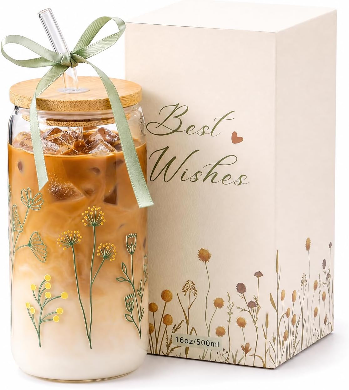 Floral Gifts for Women, Flower Glass Cup with Lid and Straw
