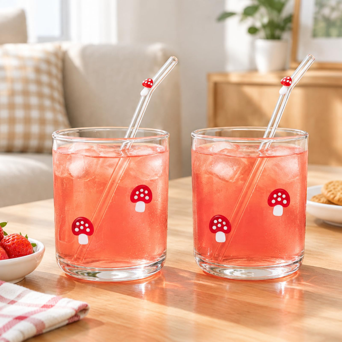 Skylety 2 Set Pink Bow Icon Juice Glasses, 14 oz Cocktail Cups with Straws