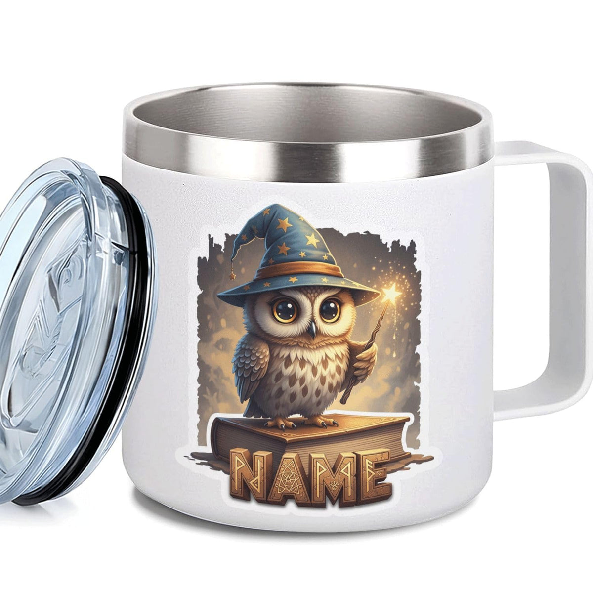 Leo Personalized Kids Mug with Lid, 10 oz Stainless Steel Insulated Camp Cup, Cartoon Lion Tropical Tiki Theme