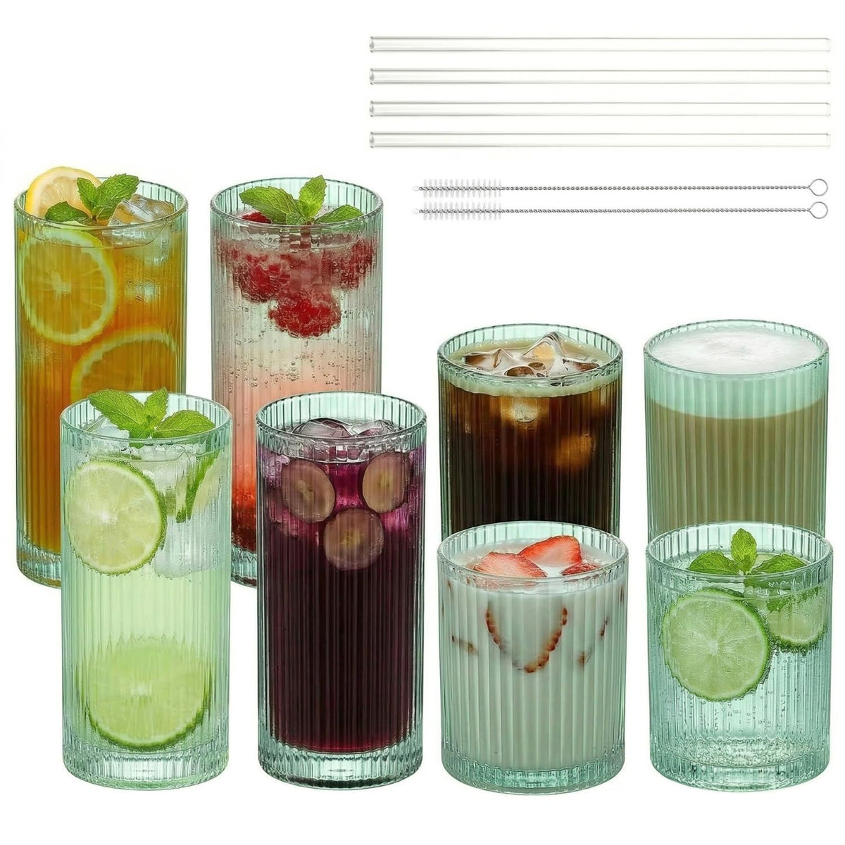 Ribbed Glass Cups with Straws, Pink Glass Drinking Cups, Drinking Glasses Set of 8, 13oz Highball & 10oz Water Glasses, Vintage Kitchen Glassware Set for Juice, Whiskey, Coffee, Cocktail