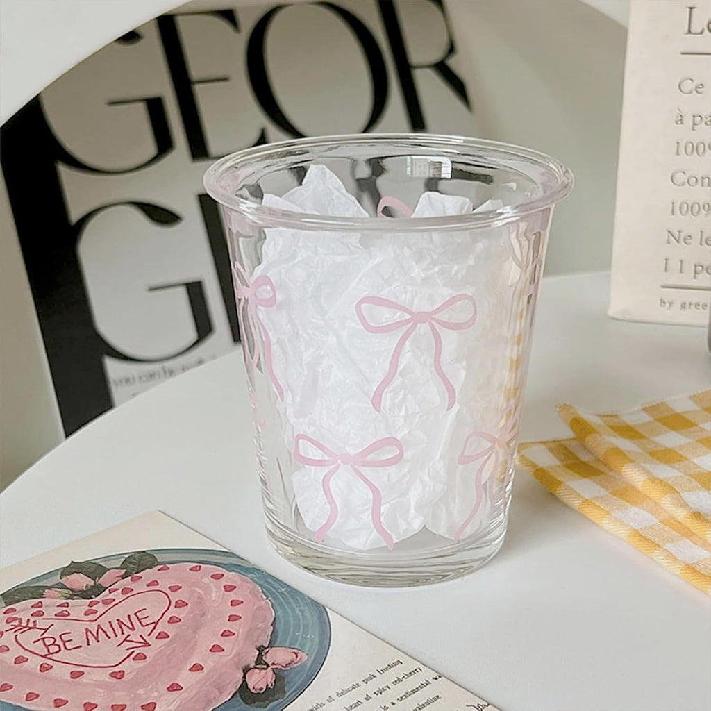 Pink Bow Glass Cups, 14oz Cute Aesthetic Bow Glass Cups for Iced Coffee, Matcha, Milk, Juice,Cocktail, Valentines/Birthday Gift for Women & Teen Girls