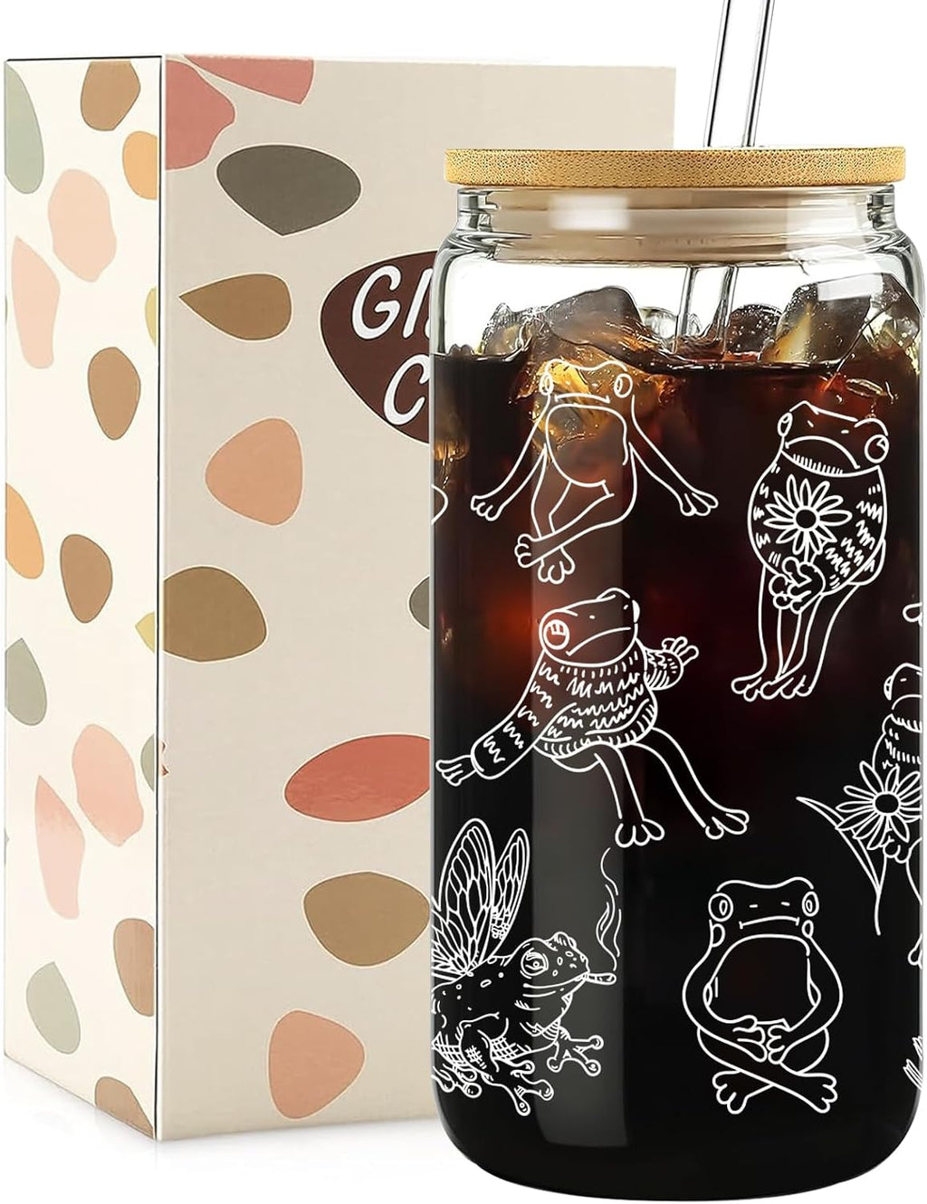 Mikopei Frog Gifts for Women, Cute Glass Cups with Lids and Straws, 16 oz