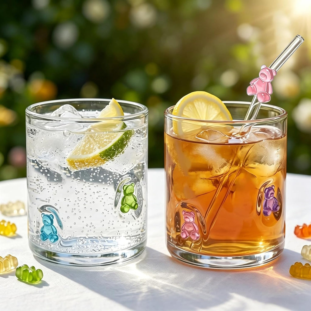 Whaline 2Pcs Candy Bear Icon Juice Glass with Straw 14 Oz Wine Glass Colorful Cute Bear Stemless Cocktail Drinking Cups for Birthday Baby Shower Party Favors Supplies