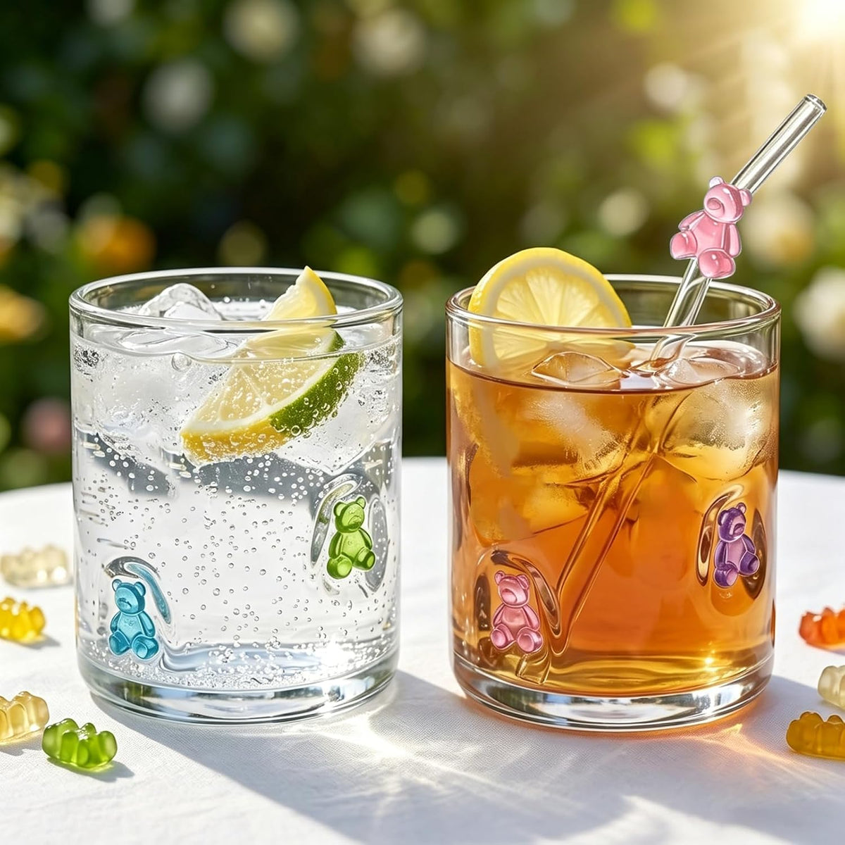 Whaline 2Pcs Candy Bear Icon Juice Glass with Straw 14 Oz Wine Glass Colorful Cute Bear Stemless Cocktail Drinking Cups for Birthday Baby Shower Party Favors Supplies