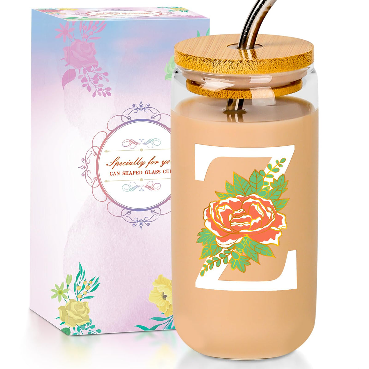 16 Oz Initial Glass Cup with Lid and Straw Personalized Color-Changing