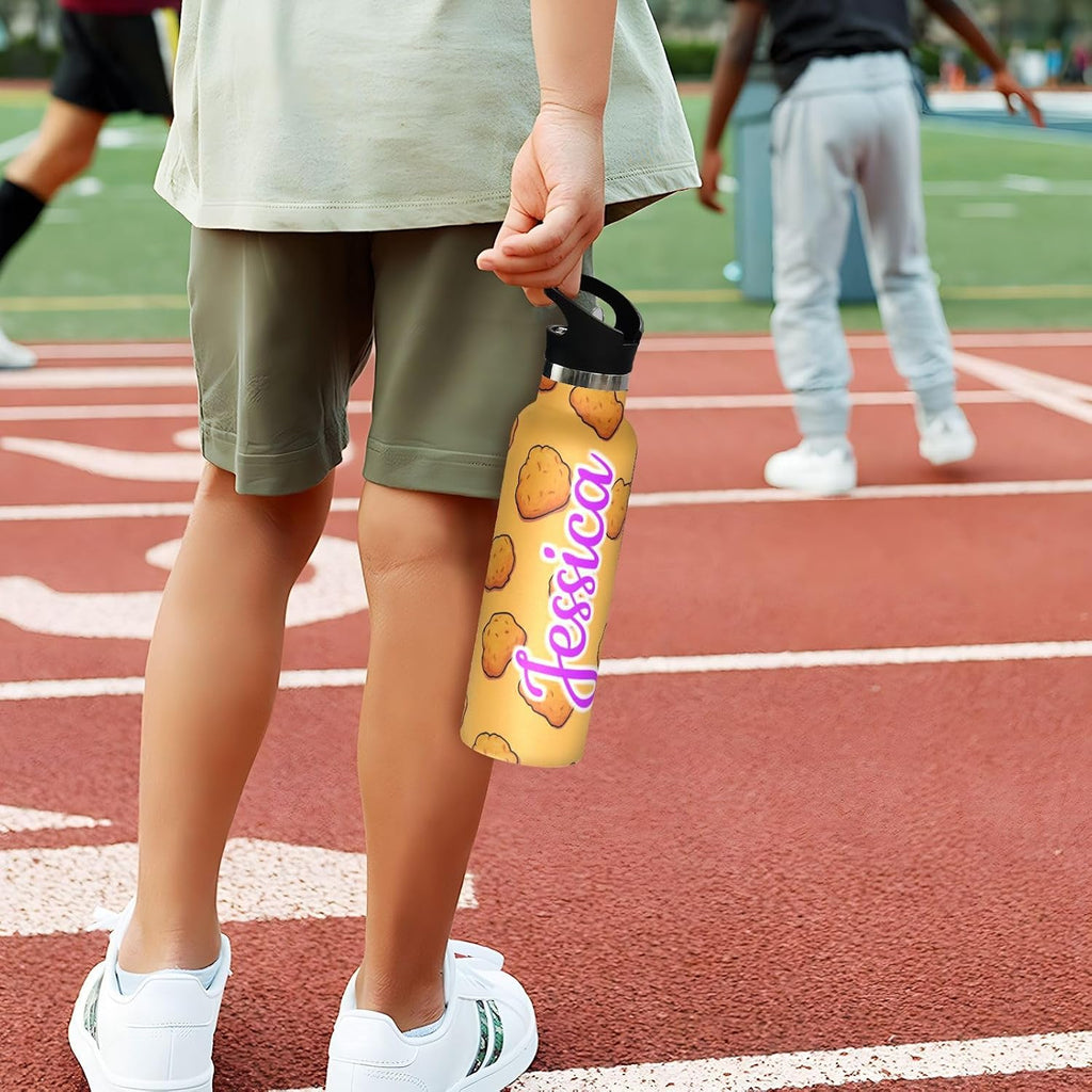 Kcldeci Kids Water Bottle for School Cartoon Chicken Nuggets Personalized 20oz Stainless Steel Insulated Tumbler with Straw, Leak-Proof Travel Flask for Boys Girls, BPA-Free