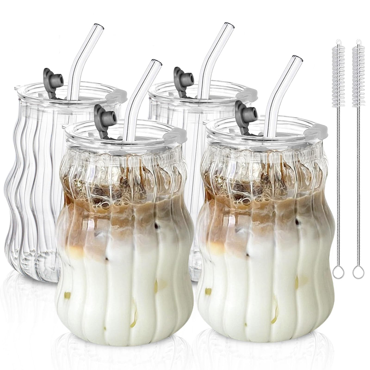 KEMORELA Ribbed Glass Cups with Lids and Straws，18oz Cute Iced Coffee Cups