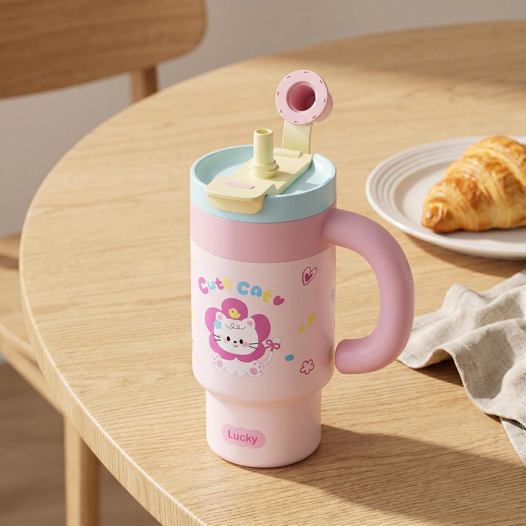 Cartoon Insulated Tumbler with Handle, 850ML Large Capacity, Leak-Proof