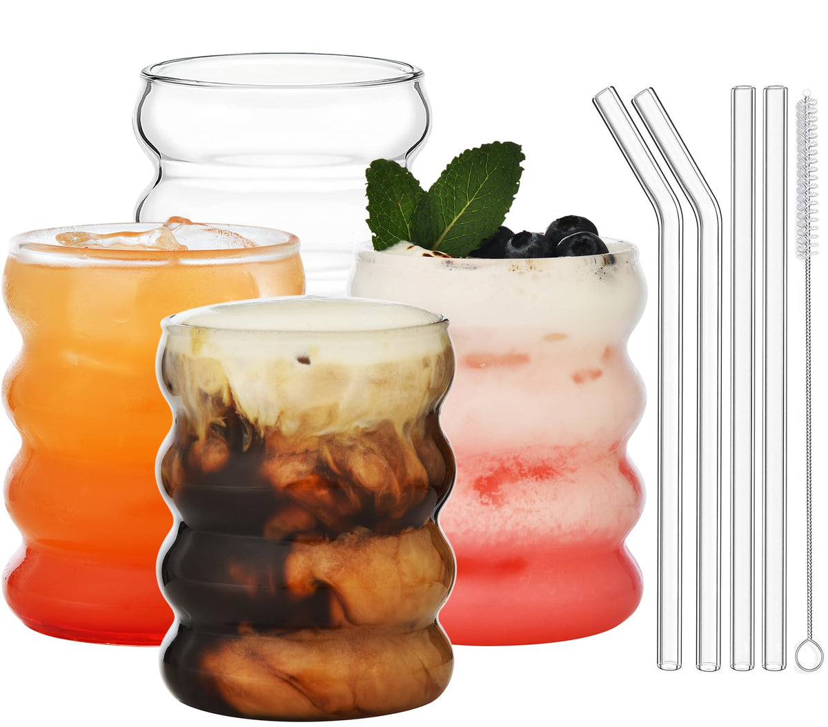 ALINK 16 oz Large Ribbed Glassware Drinking Glasses with Straws Set of 4, Crystal Vintage Glassware Iced Coffee Cups, Cocktail Glass Cups for Beer, Whiskey, Soda, Water, Tea, Milk,Juice