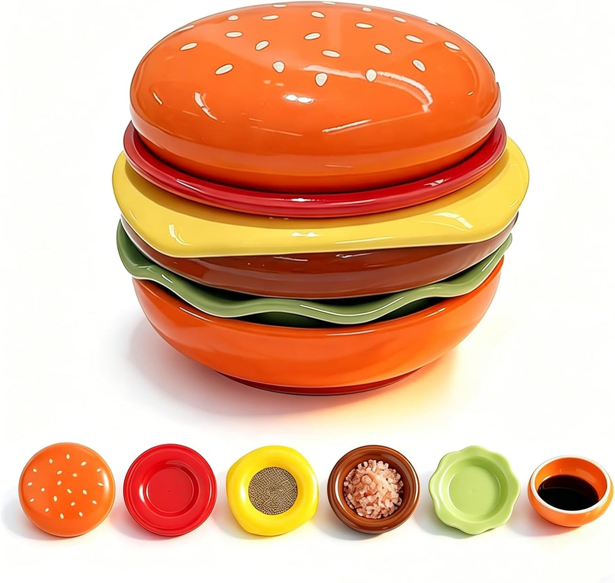 6-Piece Stackable Burger Plate Set, Novelty Ceramic Hamburger Plates Set, Cute Burger-Shaped Tableware, Durable Stackable Dipping Bowls for Snack Dessert Sushi Condiment Party BBQ Home Decor